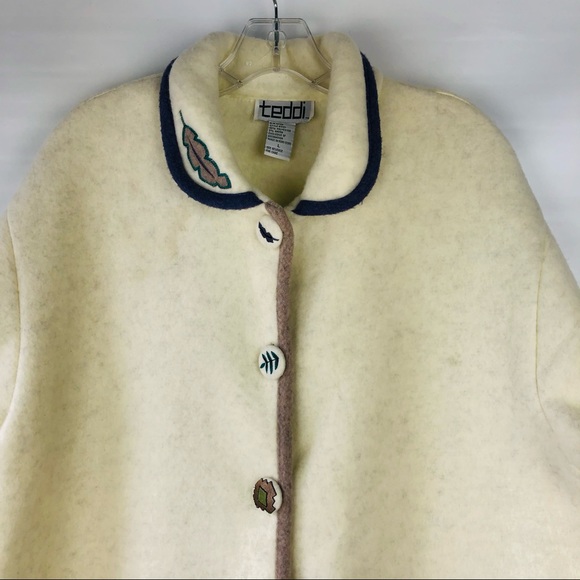 NEW Teddi cream green fleece trees deer button winter holiday jacket large - Picture 3 of 10